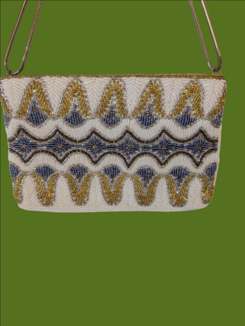 Vintage Beaded Evening Crossbody Bag in White, Gold & Blue.